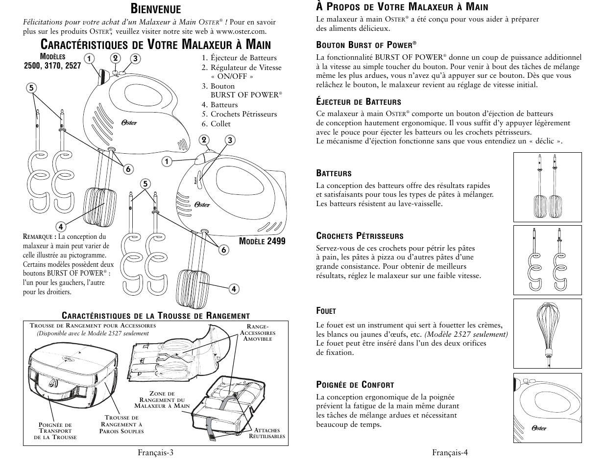 Ienvenue, Aractéristiques de, Otre | Alaxeur à | Oster 2500 User Manual | Page 10 / 12