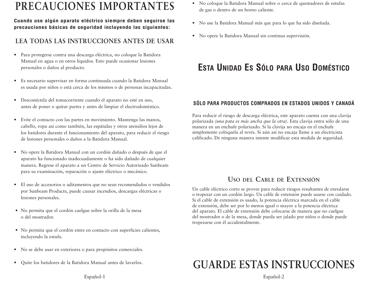 Precauciones importantes, Guarde estas instrucciones | Oster 2500 User Manual | Page 5 / 12