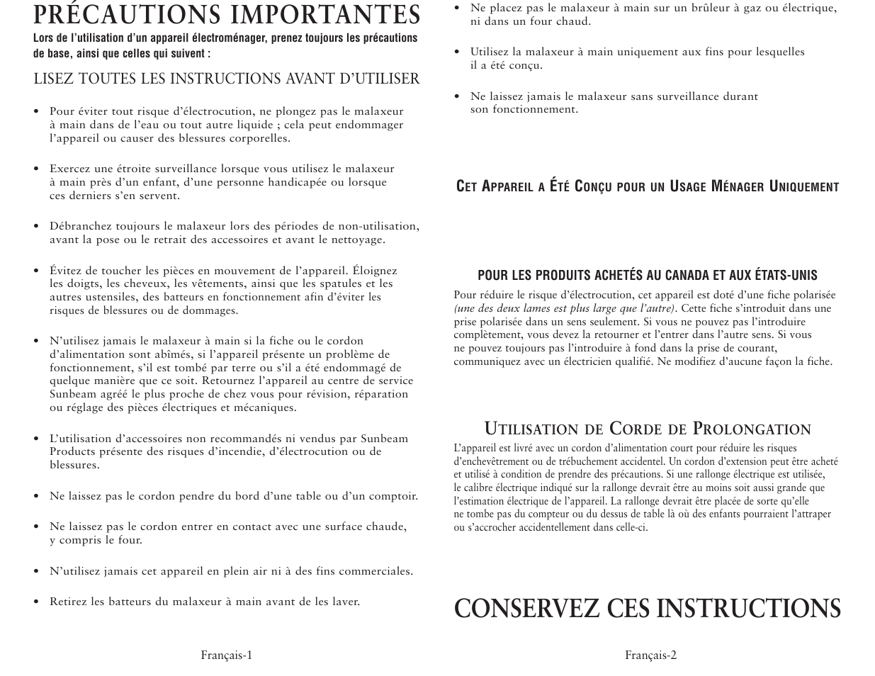 Précautions importantes, Conservez ces instructions | Oster 2500 User Manual | Page 9 / 12