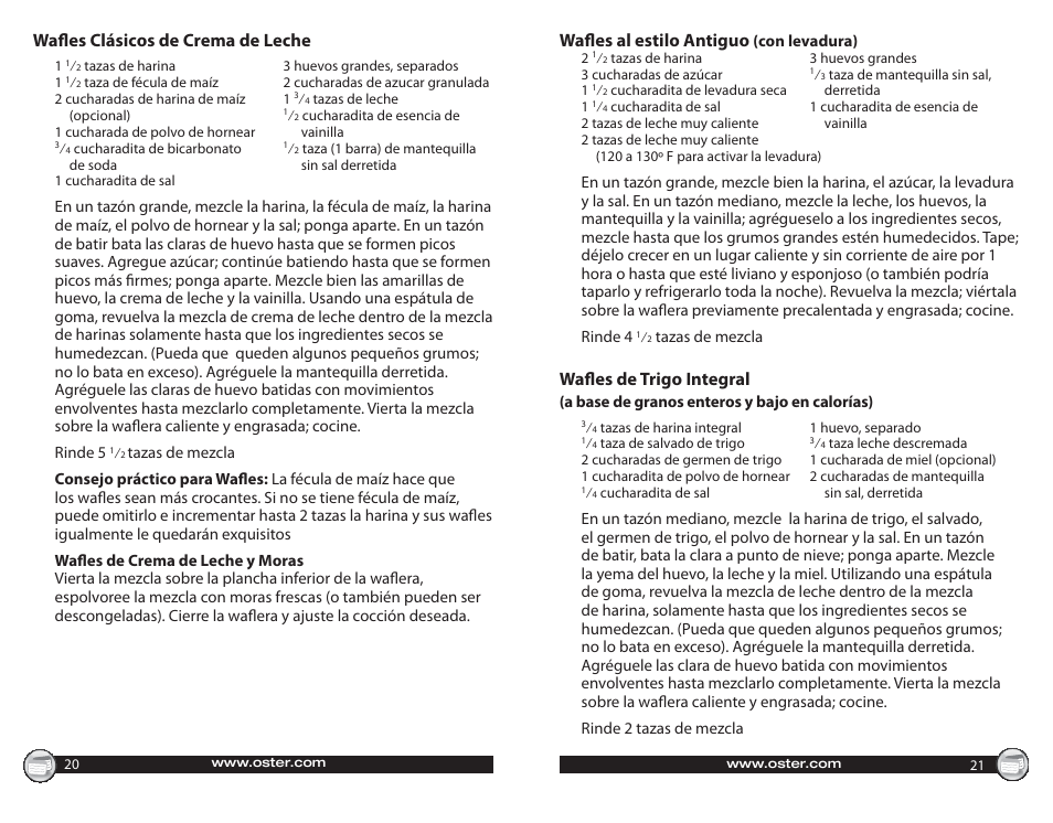 Wafles clásicos de crema de leche, Wafles al estilo antiguo, Wafles de trigo integral | Oster CKSTWF40 User Manual | Page 11 / 14