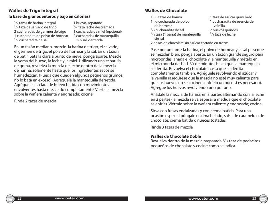 Wafles de trigo integral, Wafles de chocolate | Oster CKSTWF40 User Manual | Page 12 / 14