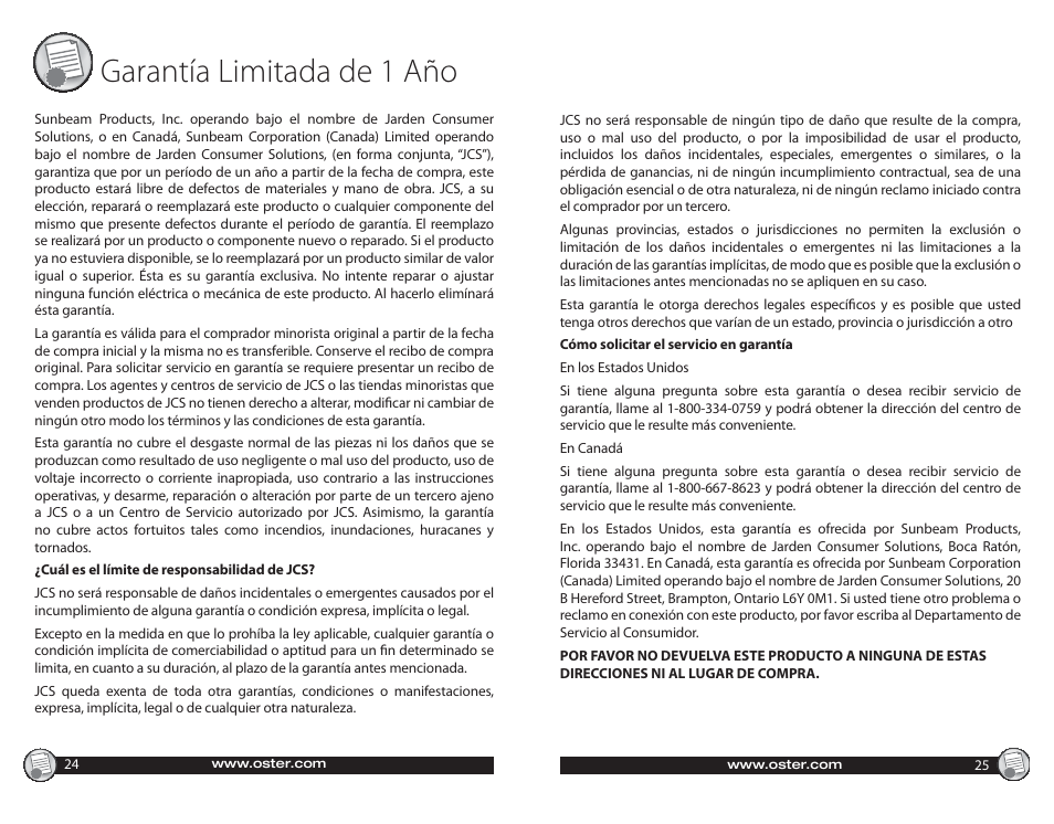 Garantía limitada de 1 año | Oster CKSTWF40 User Manual | Page 13 / 14