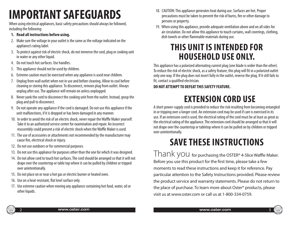 Important safeguards, Save these instructions, This unit is intended for household use only | Extension cord use | Oster CKSTWF40 User Manual | Page 2 / 14
