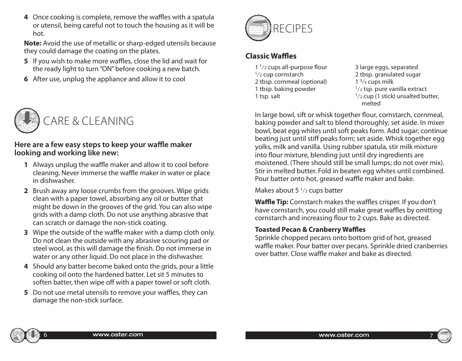 Care & cleaning, Recipes | Oster CKSTWF40 User Manual | Page 4 / 14