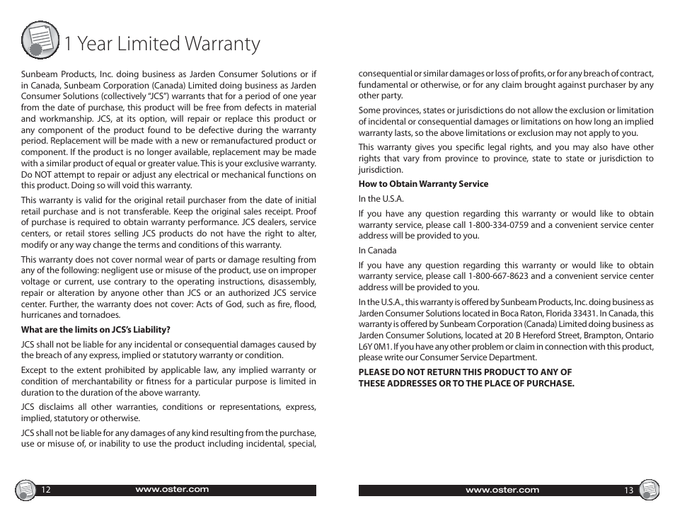 1 year limited warranty | Oster CKSTWF40 User Manual | Page 7 / 14