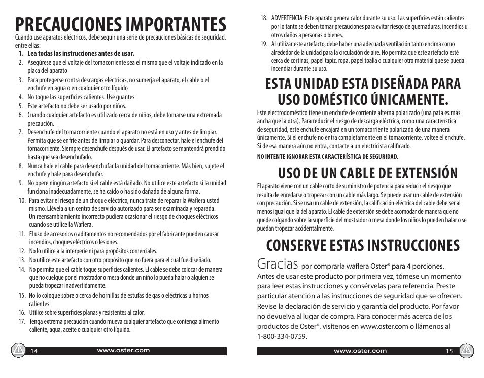 Precauciones importantes, Conserve estas instrucciones, Uso de un cable de extensión | Gracias | Oster CKSTWF40 User Manual | Page 8 / 14