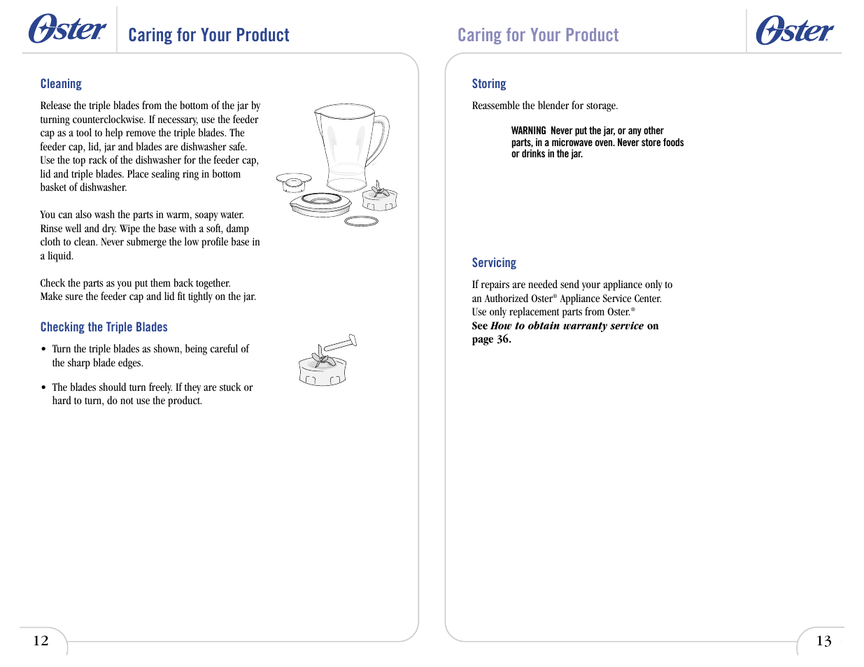 Caring for your product | Oster In2itive User Manual | Page 16 / 41