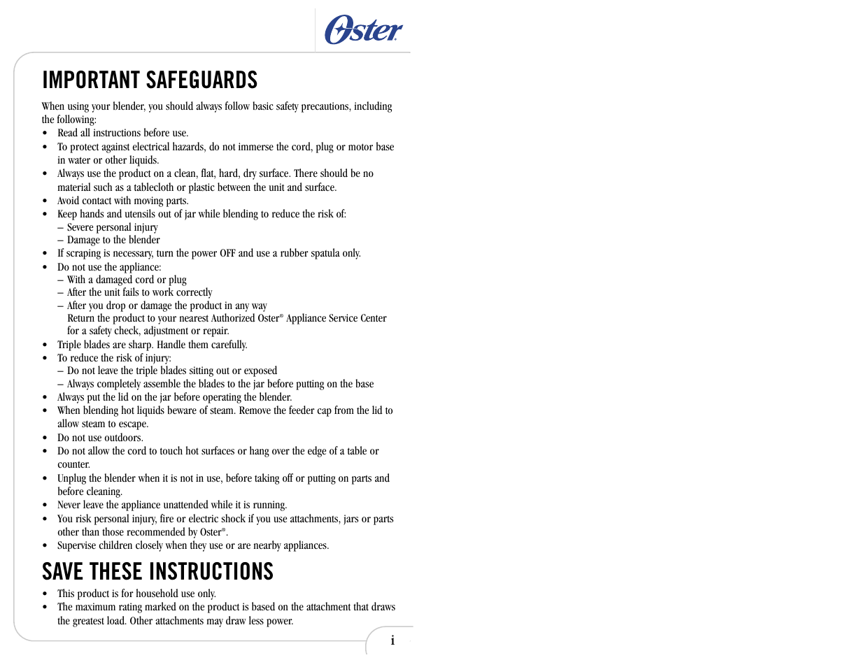Important safeguards, Save these instructions | Oster In2itive User Manual | Page 2 / 41