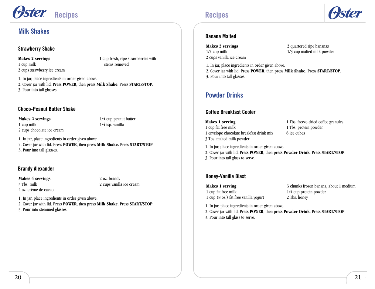 Recipes, Powder drinks, Milk shakes | Oster In2itive User Manual | Page 24 / 41
