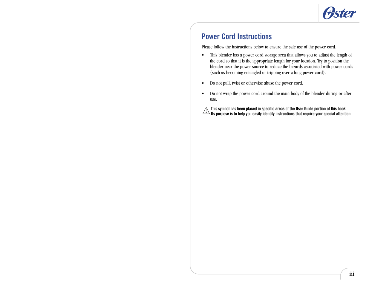 Power cord instructions | Oster In2itive User Manual | Page 3 / 41
