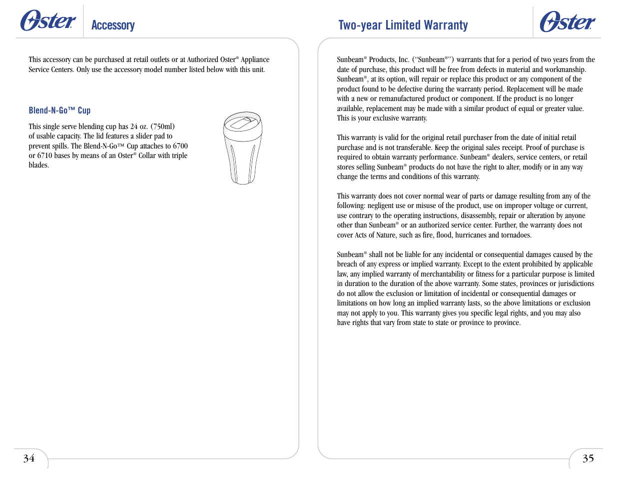 Two-year limited warranty accessory | Oster In2itive User Manual | Page 38 / 41