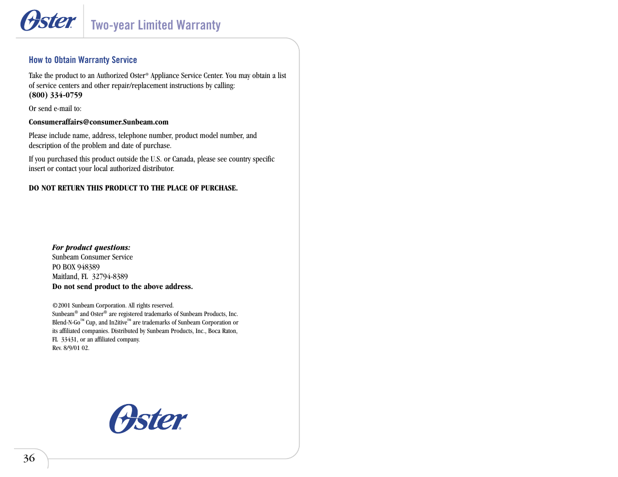 Two-year limited warranty | Oster In2itive User Manual | Page 40 / 41