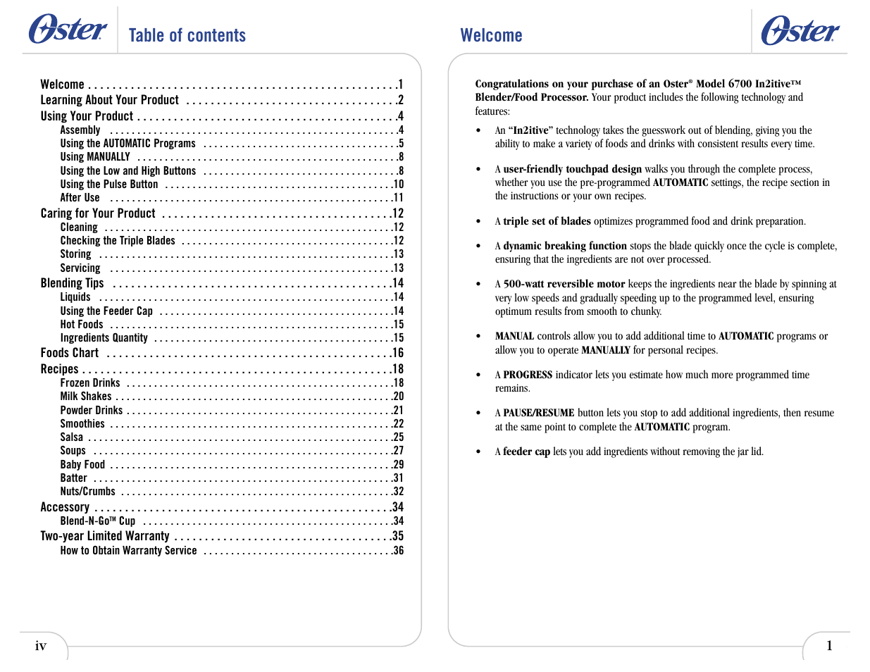 Table of contents welcome | Oster In2itive User Manual | Page 5 / 41