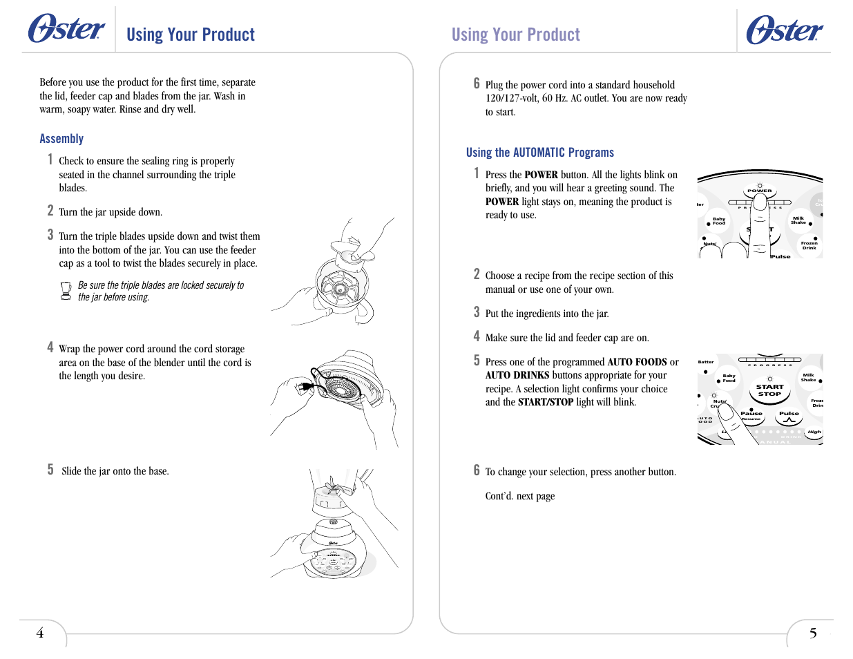 Using your product, Using the automatic programs, Assembly | Oster In2itive User Manual | Page 9 / 41