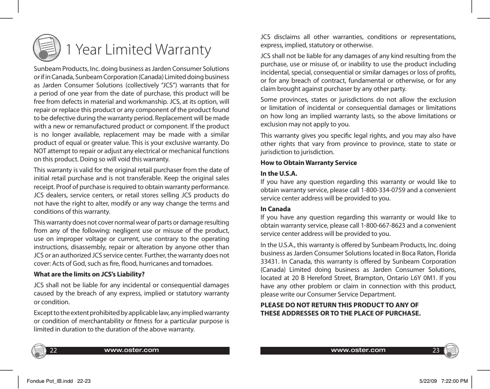 1 year limited warranty | Oster 135659 User Manual | Page 12 / 24