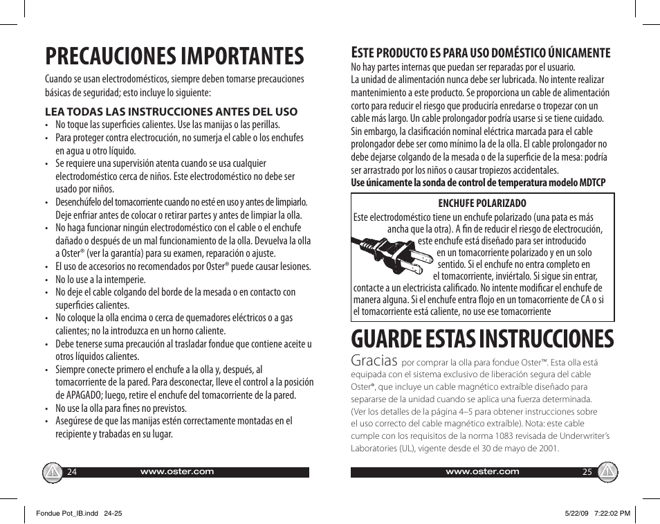 Guarde estas instrucciones, Precauciones importantes, Gracias | Oster 135659 User Manual | Page 13 / 24