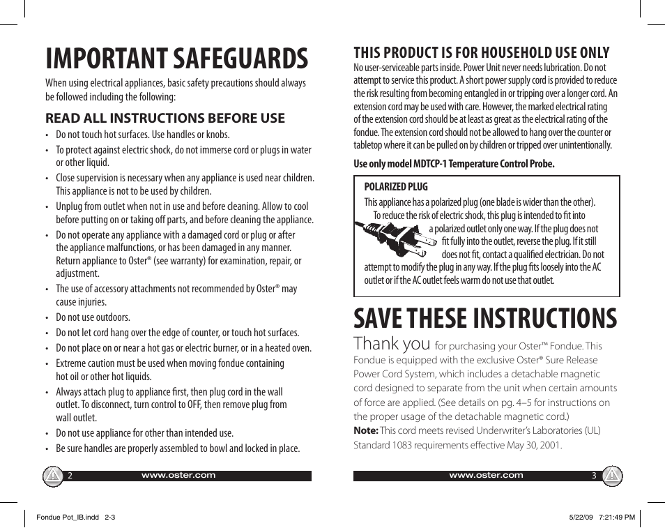 Important safeguards, Save these instructions, This product is for household use only | Oster 135659 User Manual | Page 2 / 24