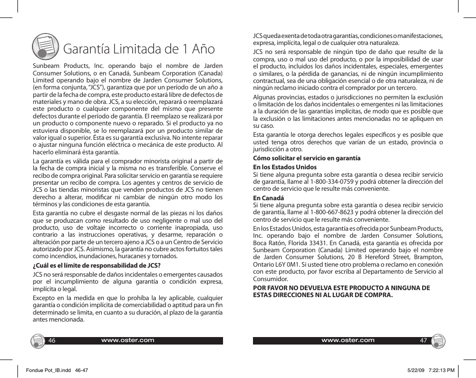 Garantía limitada de 1 año | Oster 135659 User Manual | Page 24 / 24