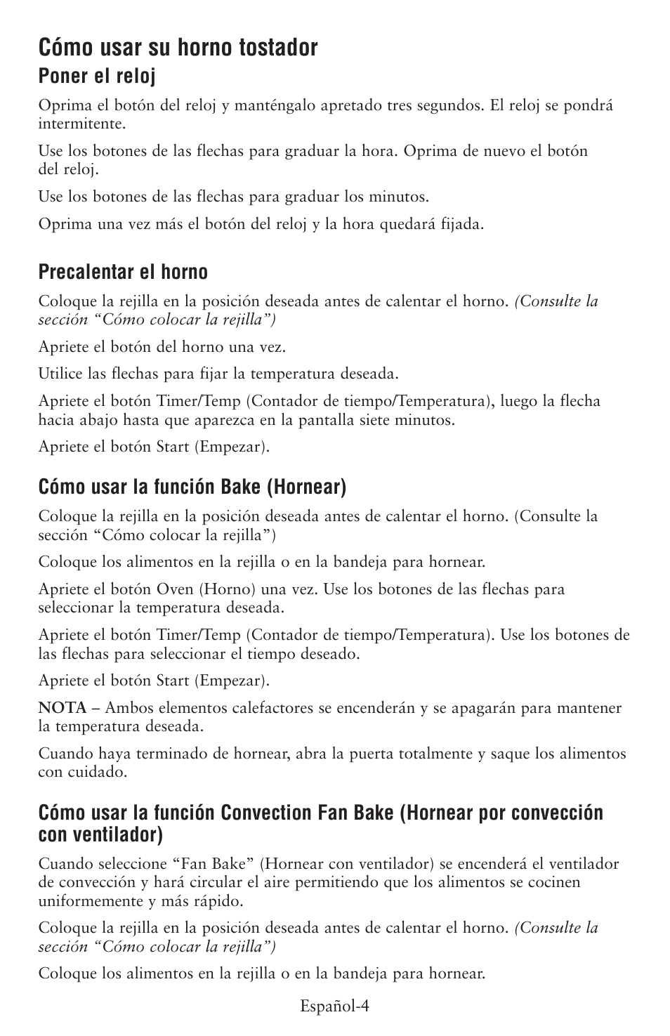 Cómo usar su horno tostador, Poner el reloj, Precalentar el horno | Cómo usar la función bake (hornear) | Oster 6057 User Manual | Page 11 / 16