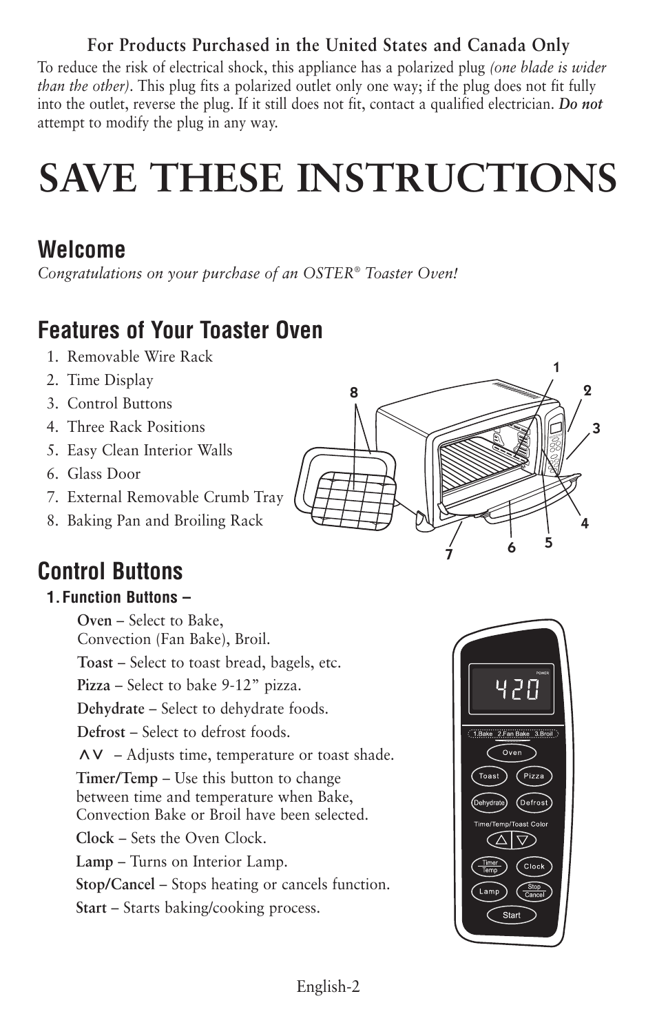 Save these instructions, Welcome, Features of your toaster oven | Control buttons | Oster 6057 User Manual | Page 3 / 16