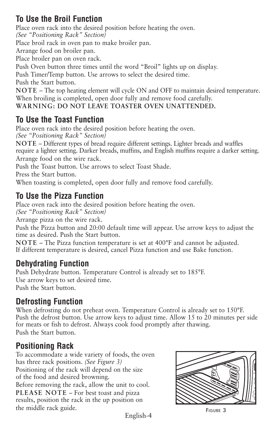 Dehydrating function, Defrosting function, Positioning rack | Oster 6057 User Manual | Page 5 / 16