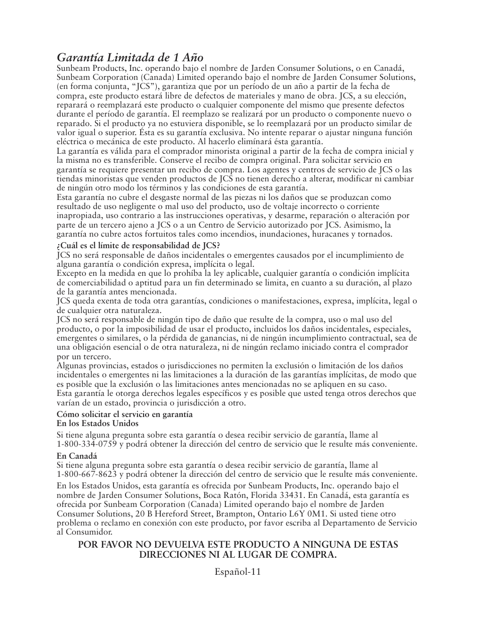 Garantía limitada de 1 año | Oster CKSTBUDS00 User Manual | Page 11 / 12