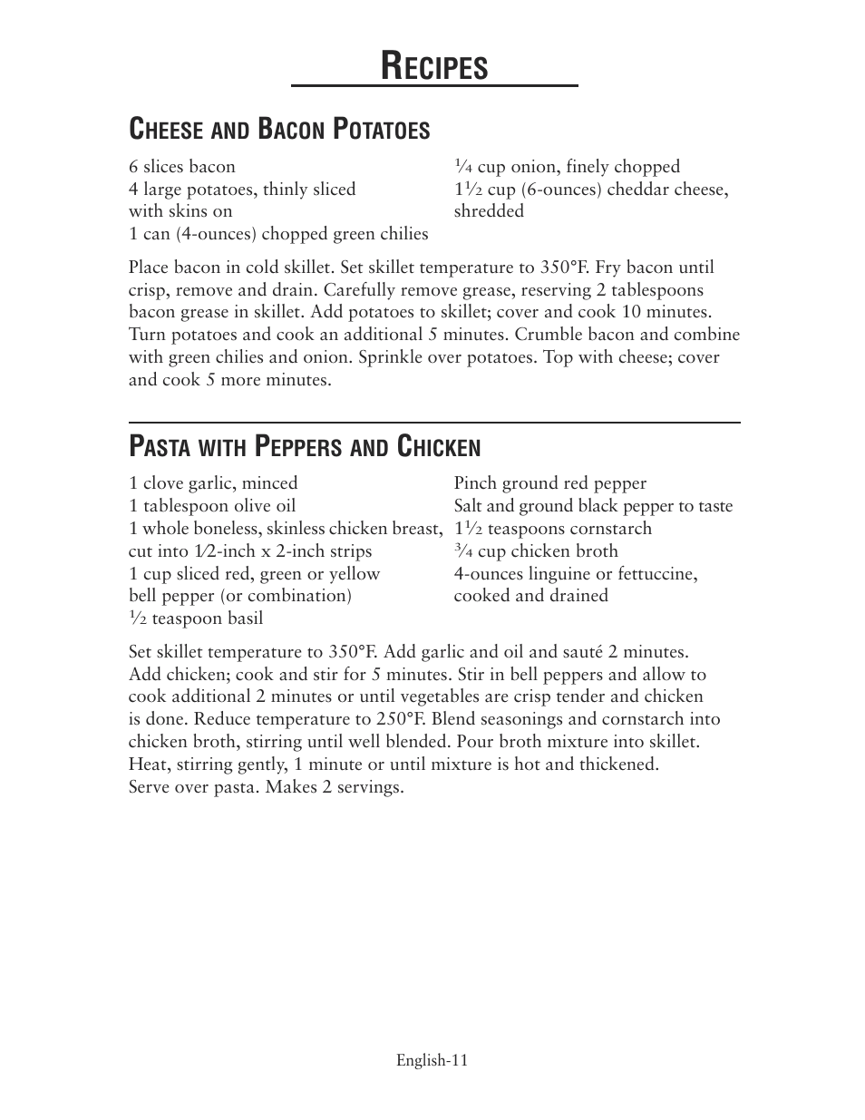 Ecipes, Heese and, Acon | Otatoes, Asta with, Eppers and, Hicken | Oster CKSTSKRM20 User Manual | Page 11 / 40