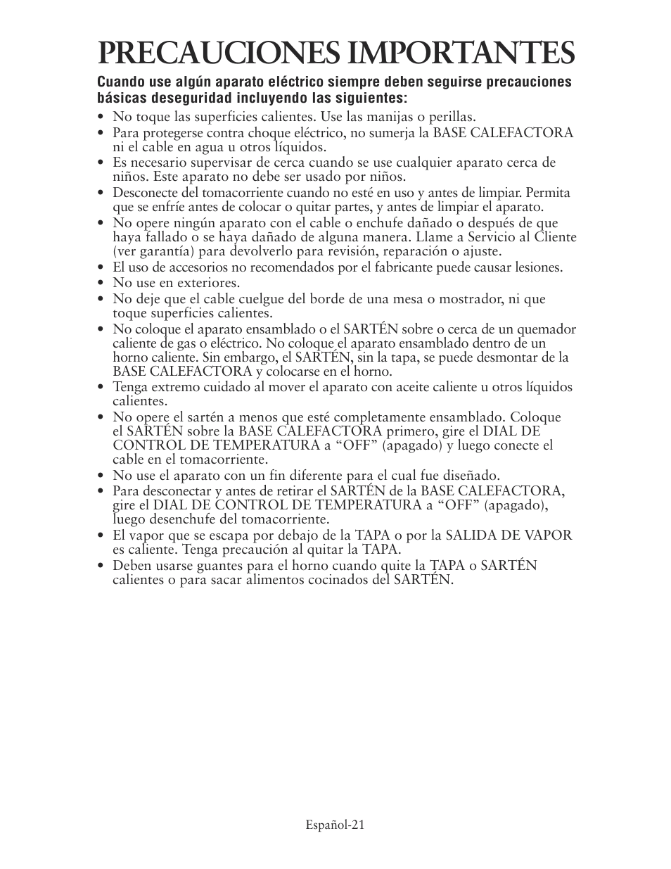 Precauciones importantes | Oster CKSTSKRM20 User Manual | Page 21 / 40