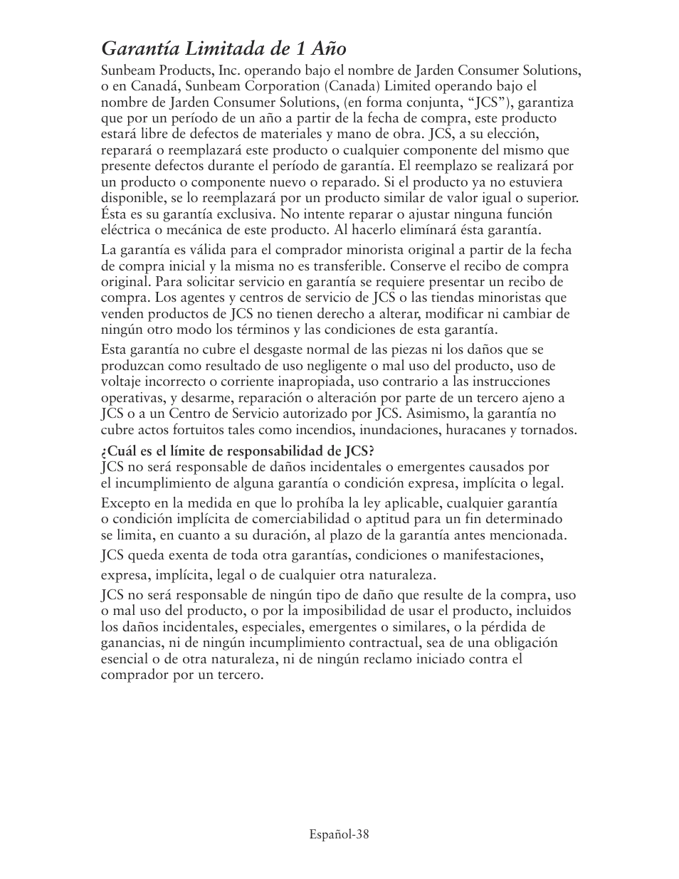 Garantía limitada de 1 año | Oster CKSTSKRM20 User Manual | Page 38 / 40