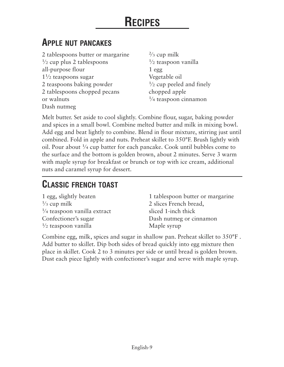 Ecipes, Pple nut pancakes, Lassic french toast | Oster CKSTSKRM20 User Manual | Page 9 / 40