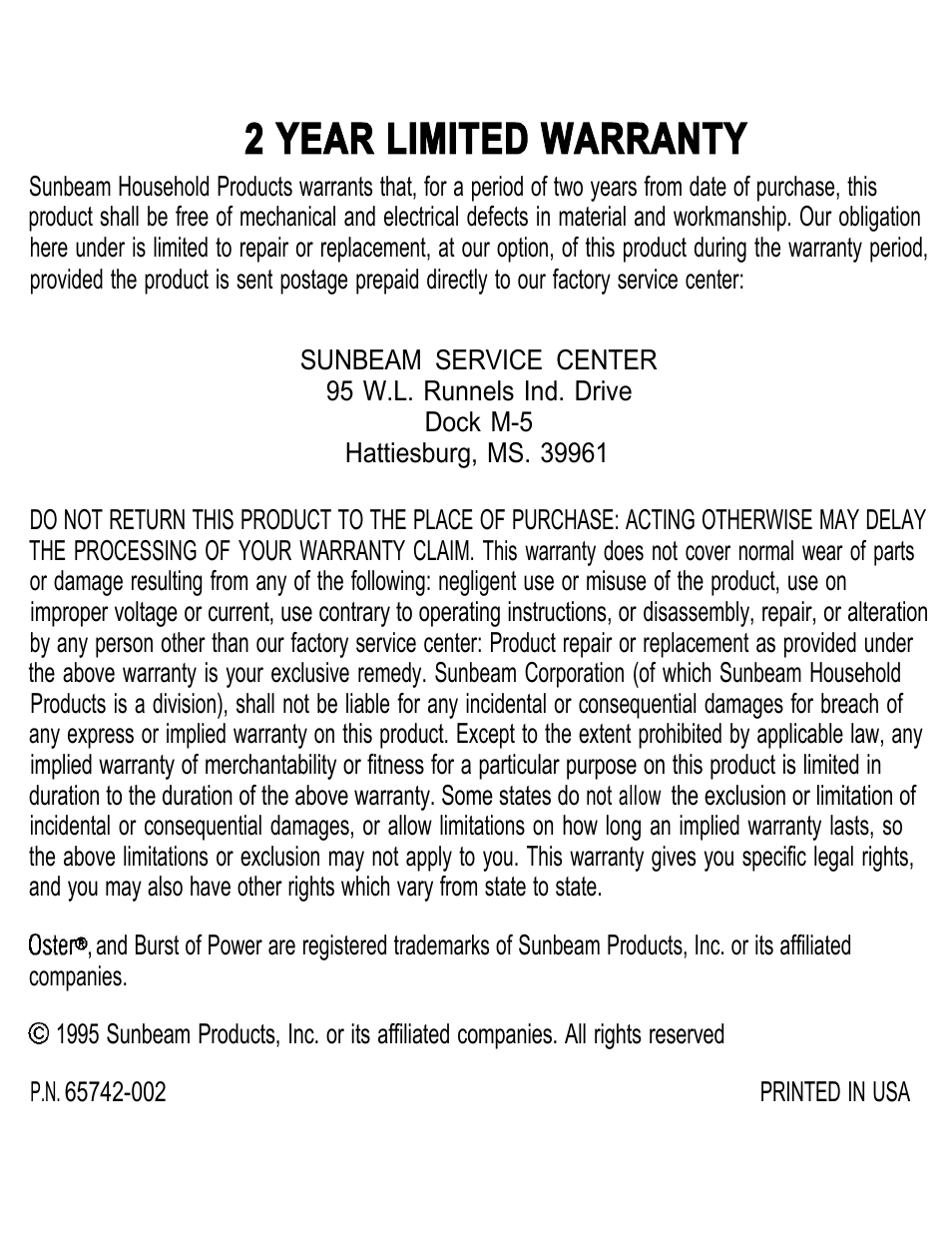 2 year limited warranty | Oster 2382 User Manual | Page 10 / 10