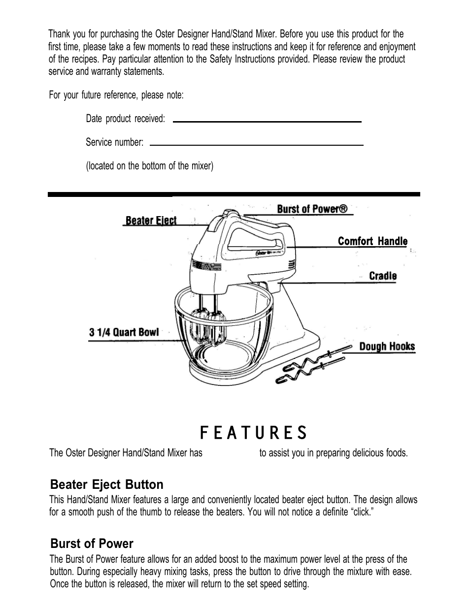 Beater eject button, Burst of power | Oster 2382 User Manual | Page 3 / 10