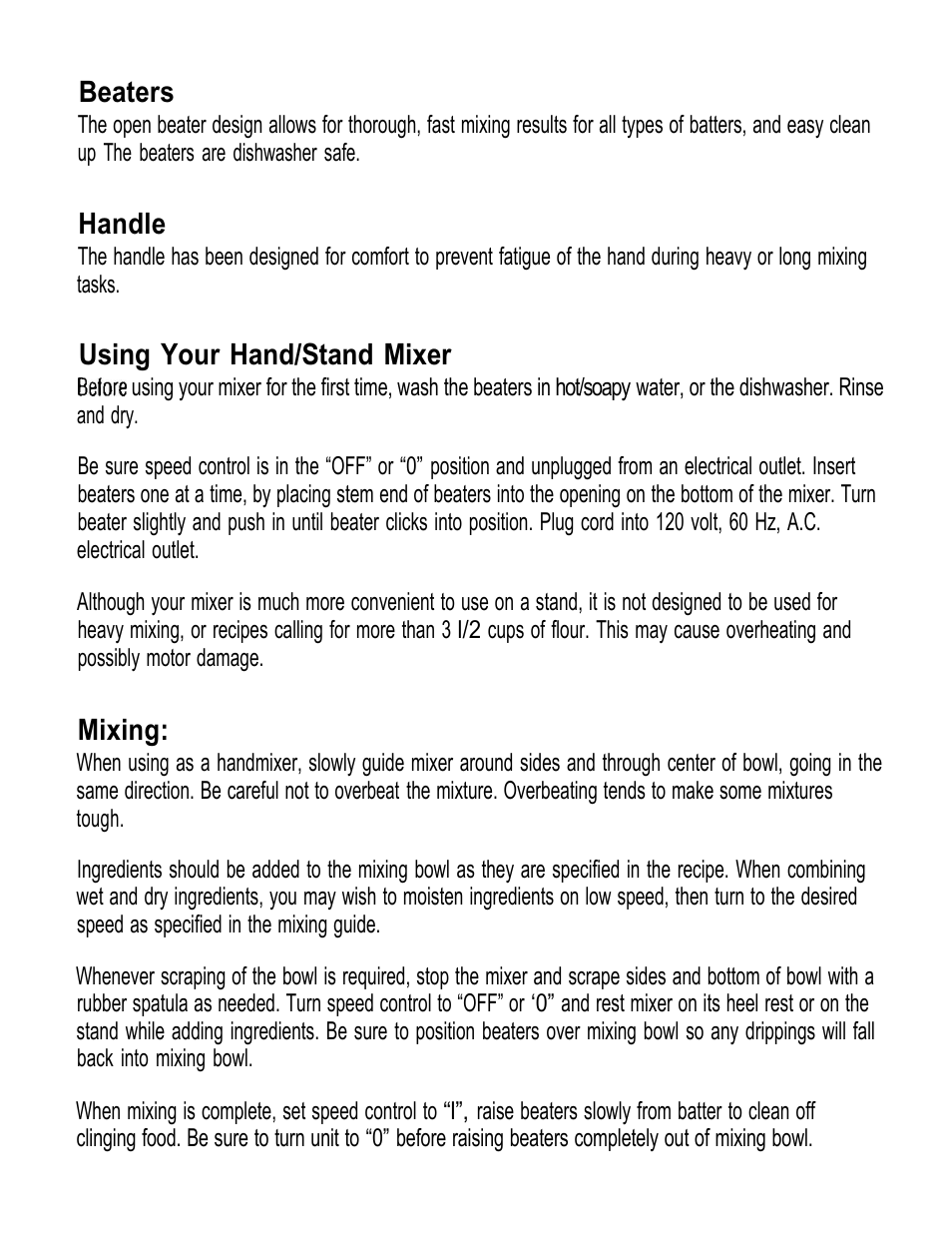 Beaters, Handle, Using your hand/stand mixer | Mixing | Oster 2382 User Manual | Page 4 / 10