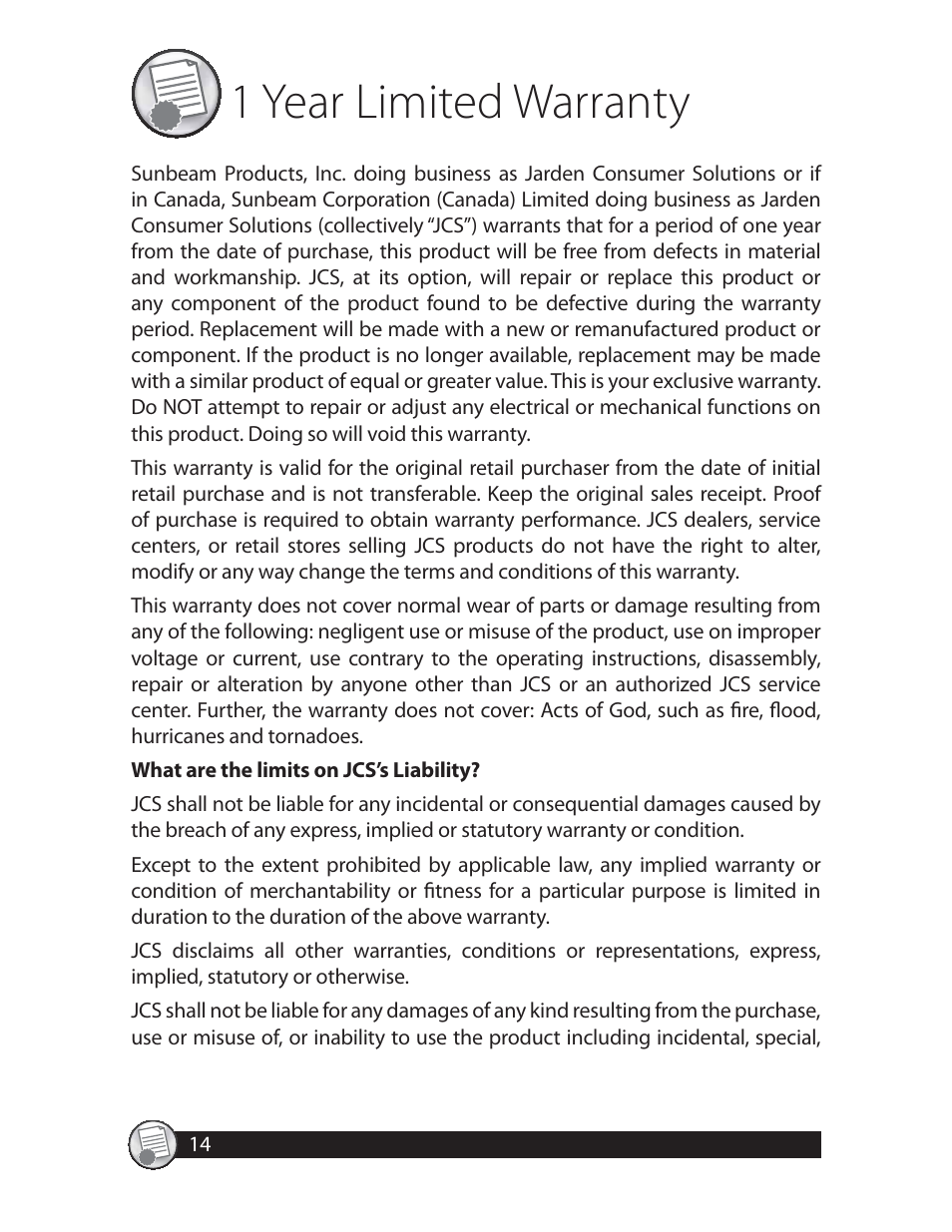 1year limited warranty | Oster CKSTWFBF20 User Manual | Page 14 / 32