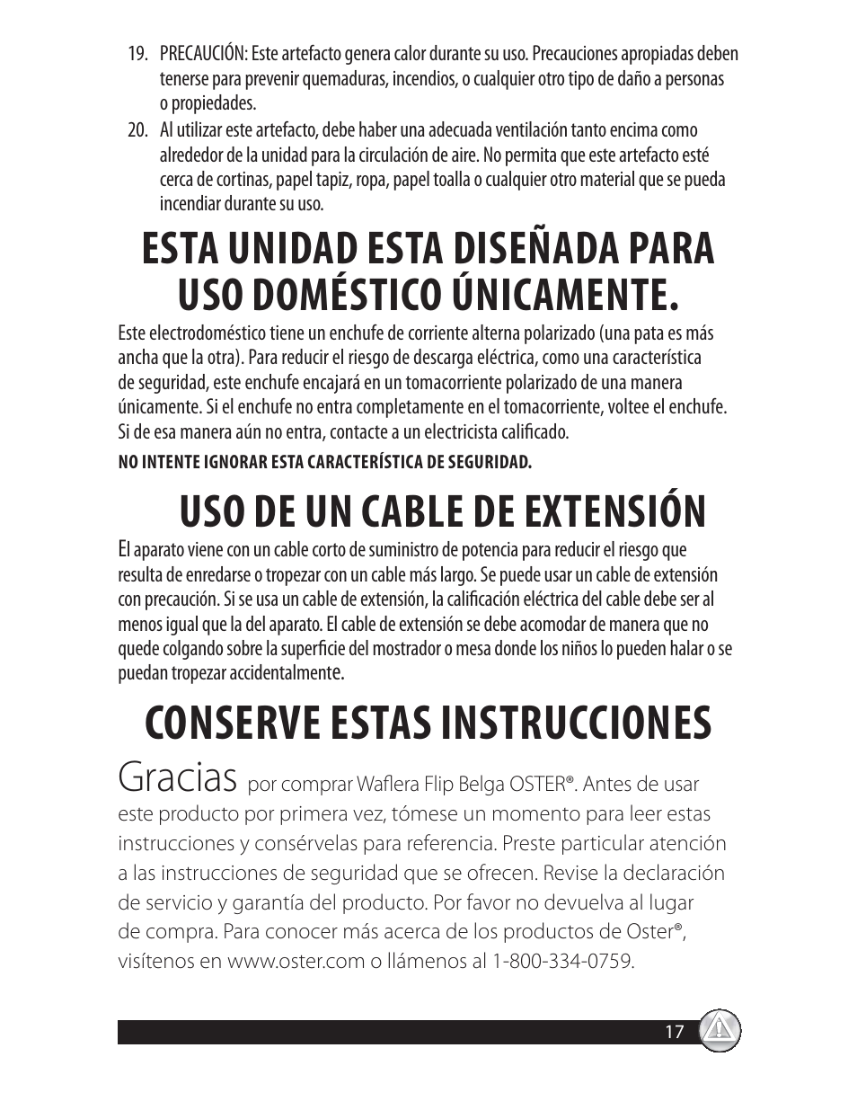 Conserve estas instrucciones, Uso de un cable de extensión, Gracias | Oster CKSTWFBF20 User Manual | Page 17 / 32