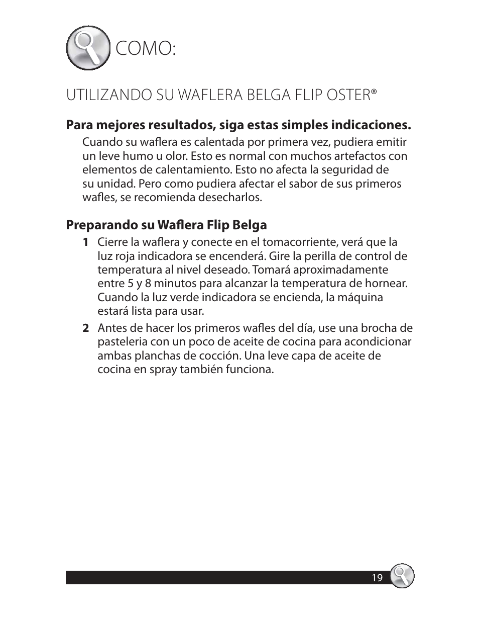 Como, Utilizando su waflera belga flip oster | Oster CKSTWFBF20 User Manual | Page 19 / 32