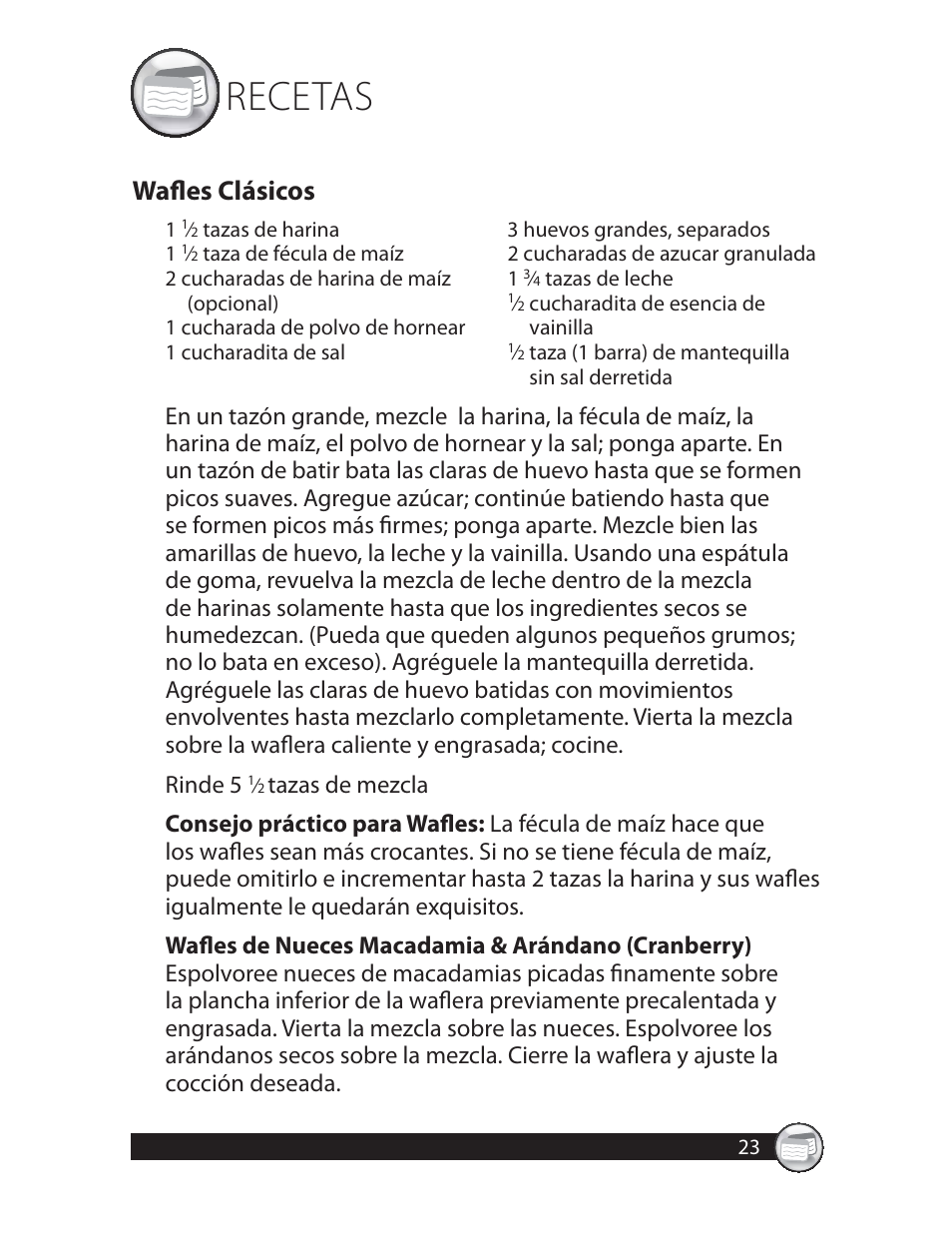 Recetas, Wafl es clásicos | Oster CKSTWFBF20 User Manual | Page 23 / 32