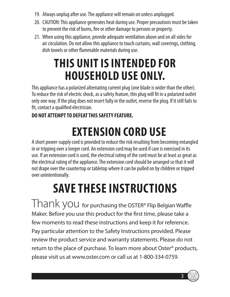 Save these instructions, This unit is intended for household use only, Extension cord use | Oster CKSTWFBF20 User Manual | Page 3 / 32