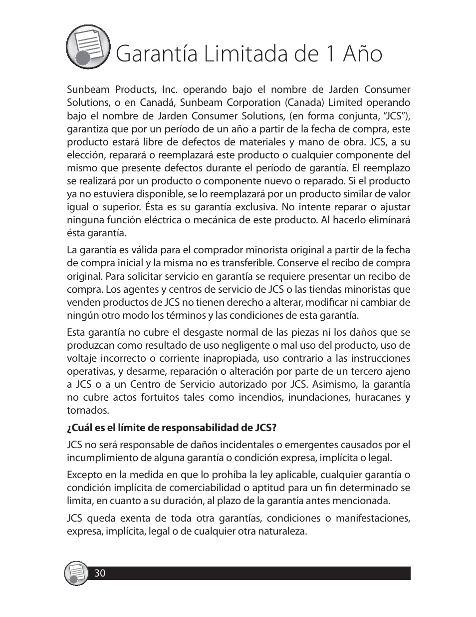 Garantía limitada de 1 año | Oster CKSTWFBF20 User Manual | Page 30 / 32