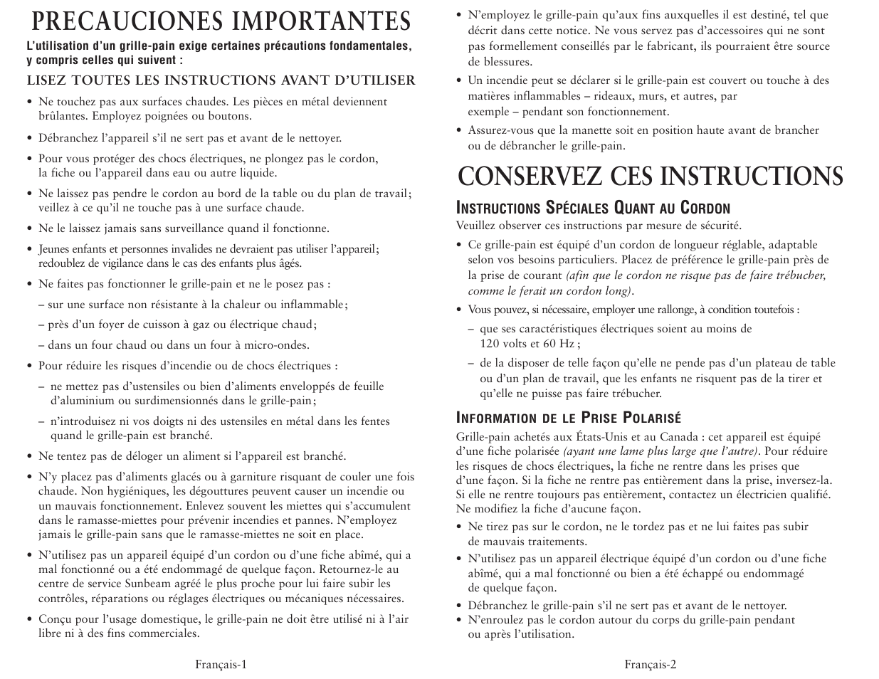 Precauciones importantes, Conservez ces instructions | Oster 6325-33 User Manual | Page 9 / 12