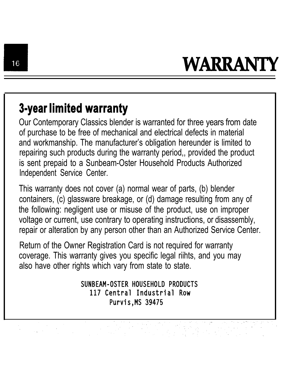 Warranty, Year limited warranty | Oster IZER BLENDER/LIQUEFIER User Manual | Page 18 / 20