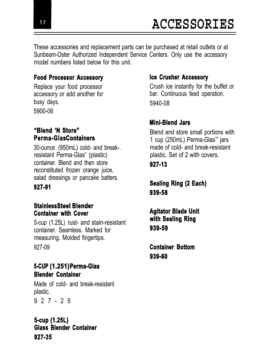 Accessories | Oster IZER BLENDER/LIQUEFIER User Manual | Page 19 / 20