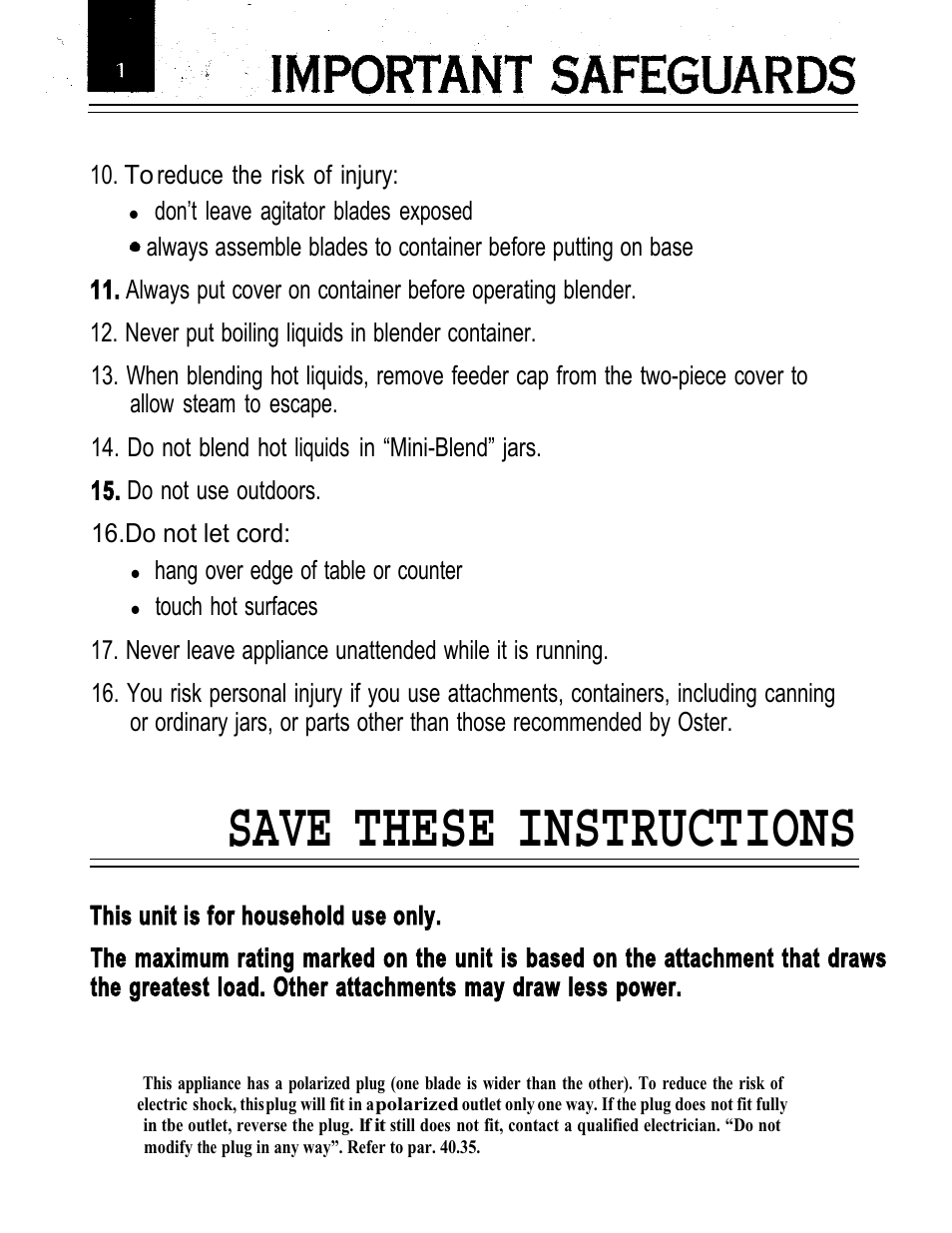 Save these instructions | Oster IZER BLENDER/LIQUEFIER User Manual | Page 3 / 20