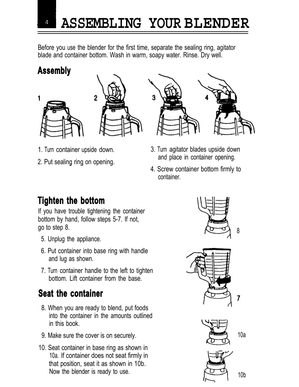 Assembling your blender, Assembly, Tighten the bottom | Seat the container | Oster IZER BLENDER/LIQUEFIER User Manual | Page 6 / 20