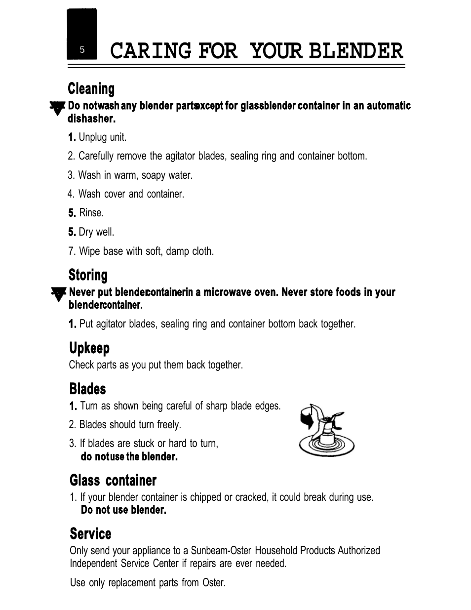 Caring for your blender, Cleaning, Storing | Upkeep, Blades, Glass container, Service | Oster IZER BLENDER/LIQUEFIER User Manual | Page 7 / 20