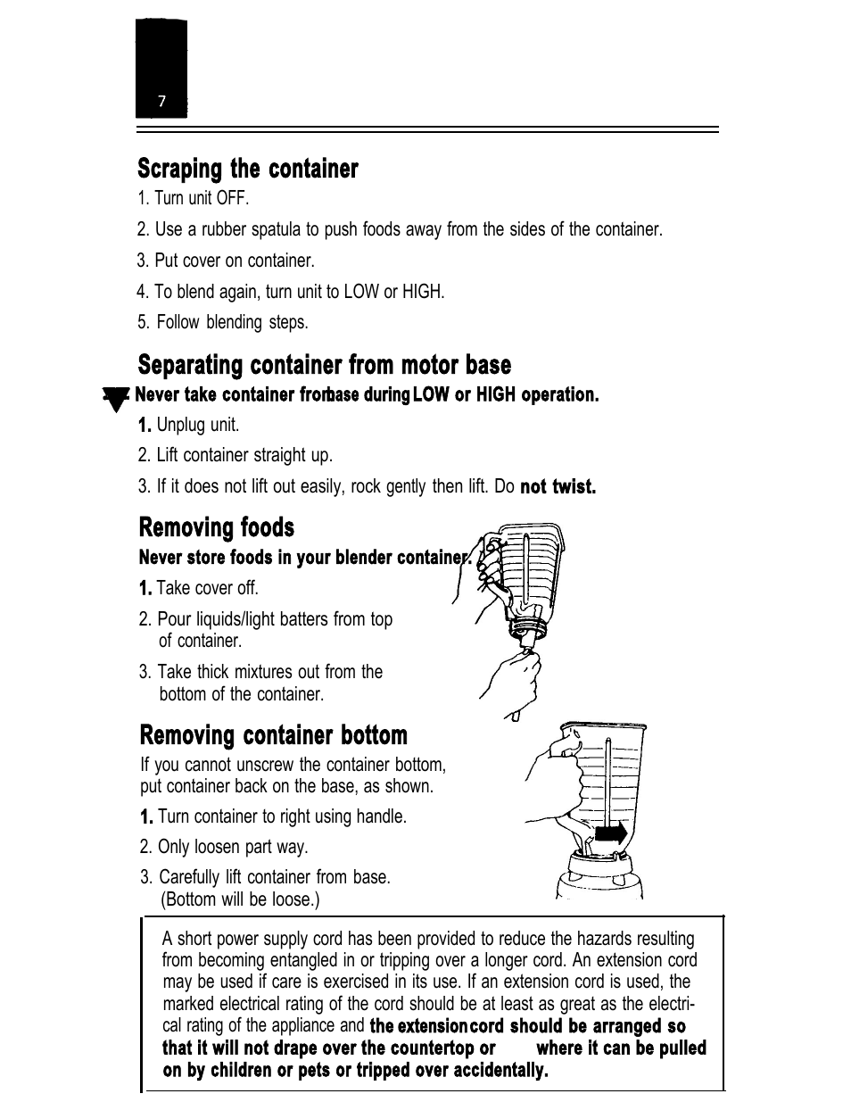 Scraping the container, Separating container from motor base, Removing foods | Removing container bottom | Oster IZER BLENDER/LIQUEFIER User Manual | Page 9 / 20