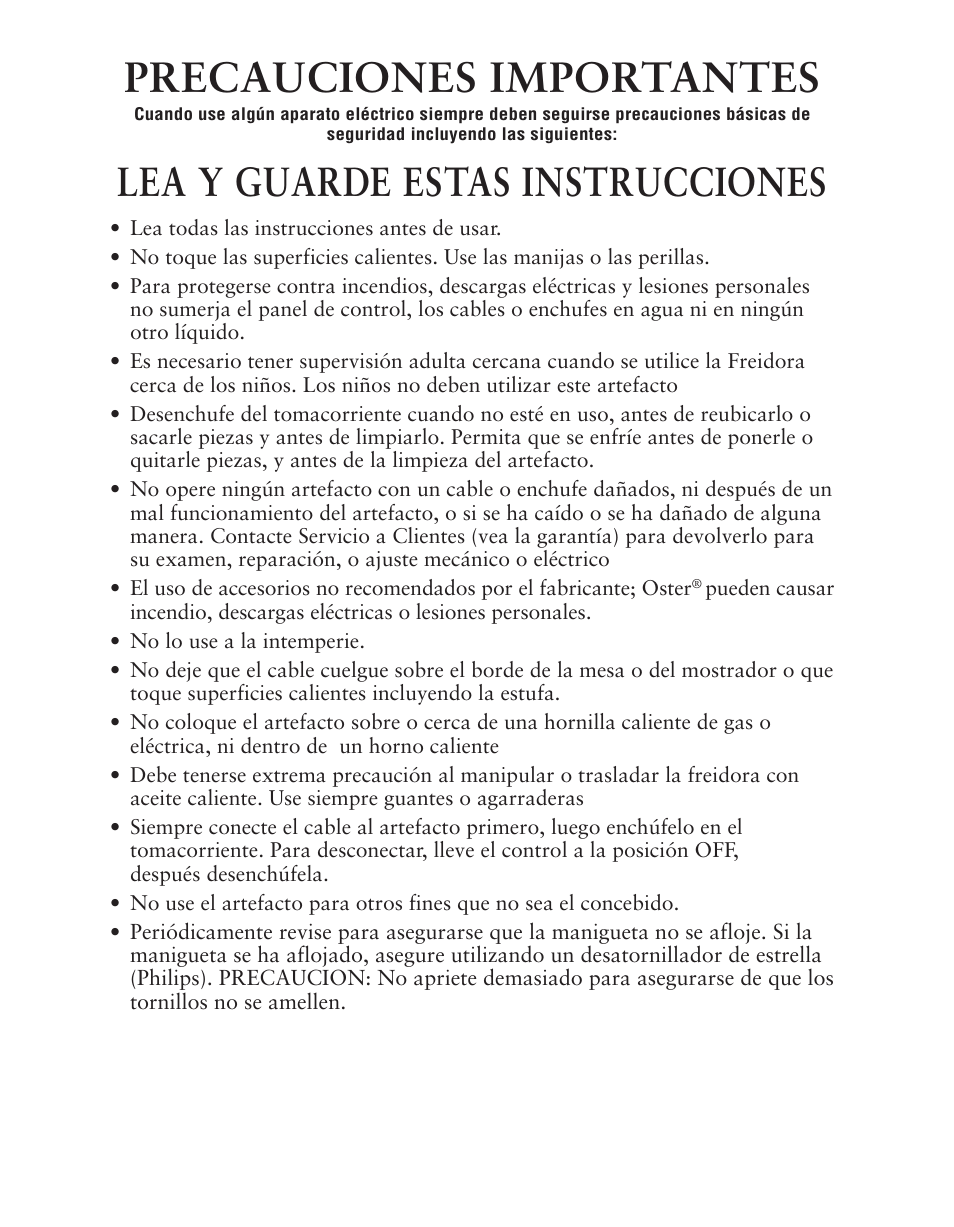 Precauciones importantes, Lea y guarde estas instrucciones | Oster 124465 User Manual | Page 13 / 24