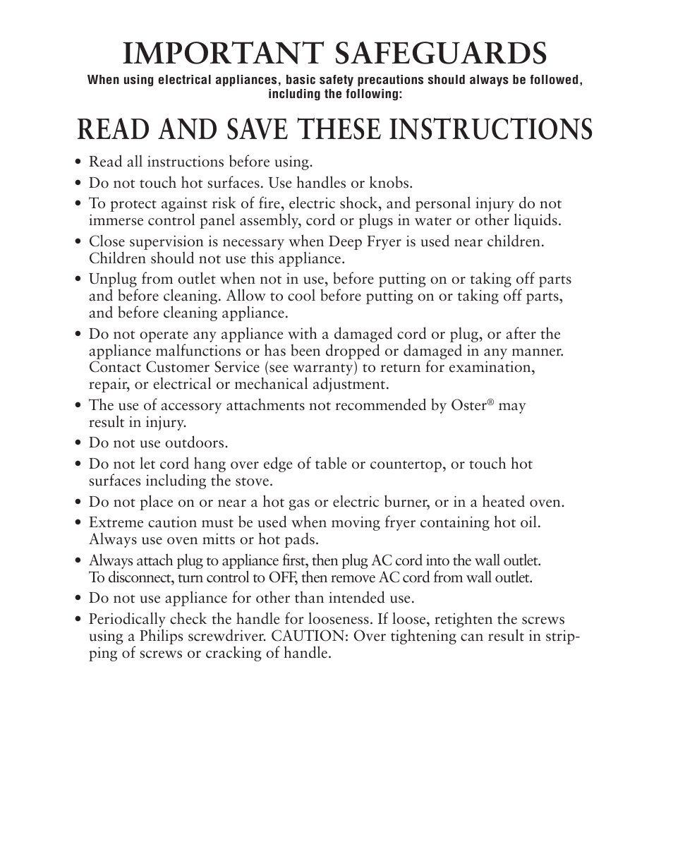 Important safeguards, Read and save these instructions | Oster 124465 User Manual | Page 2 / 24