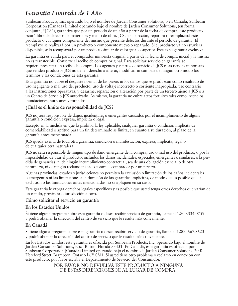 Garantía limitada de 1 año | Oster 124465 User Manual | Page 23 / 24