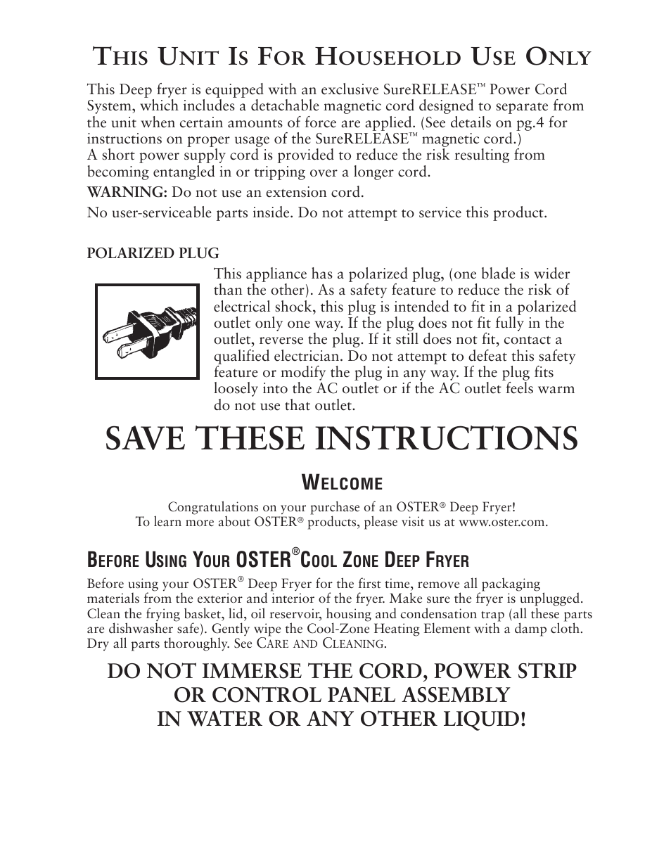 Save these instructions, Oster | Oster 124465 User Manual | Page 3 / 24